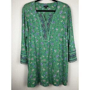 J Jill Wearever Green Floral Tunic V Neck Long Sleeve Boho Stretch Size XL